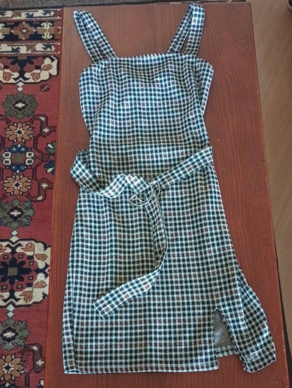 Plaid Brown And White Dress with Belt